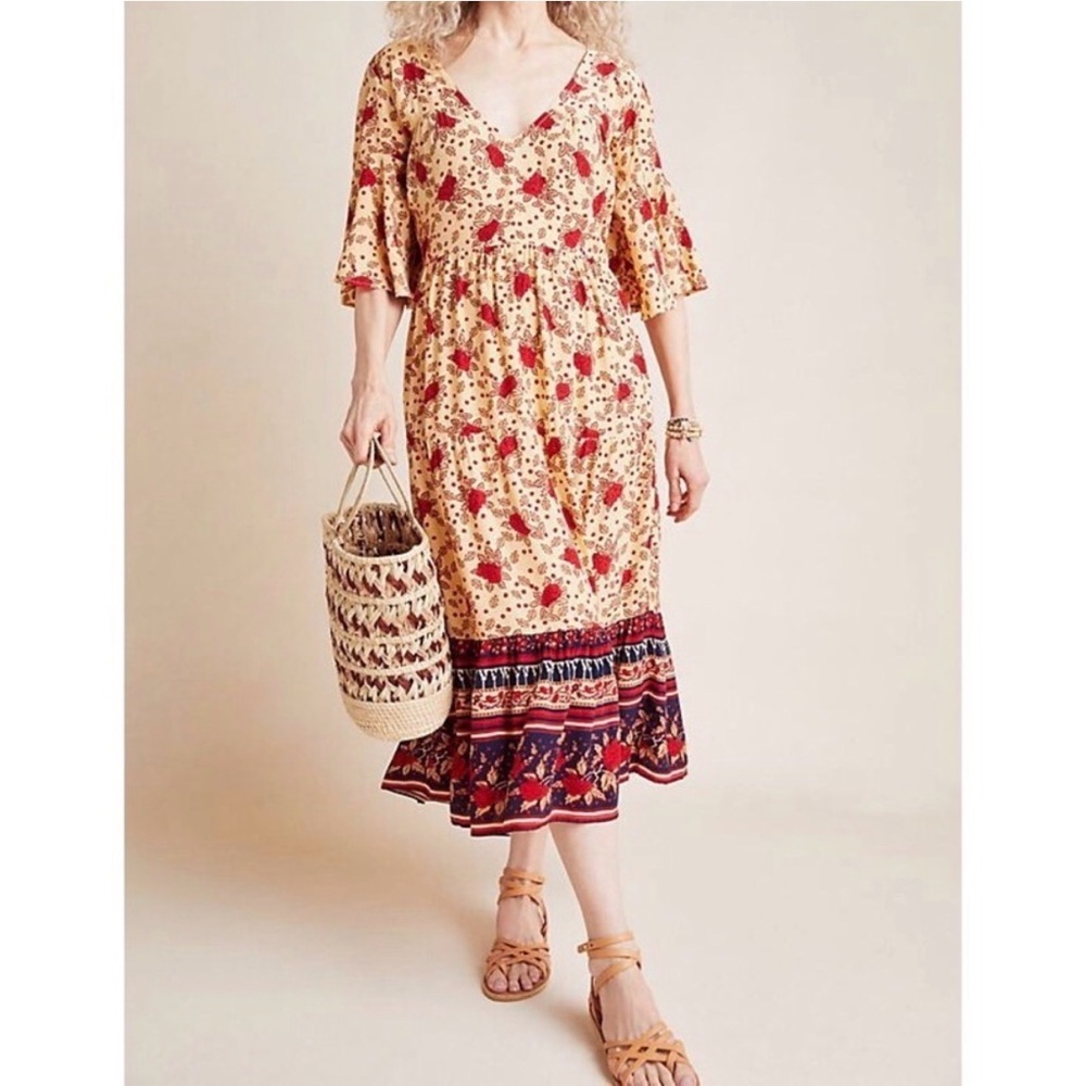 Faithfull the Brand Anthropologie Melia Yellow Floral Short Sleeve Midi Dress 4